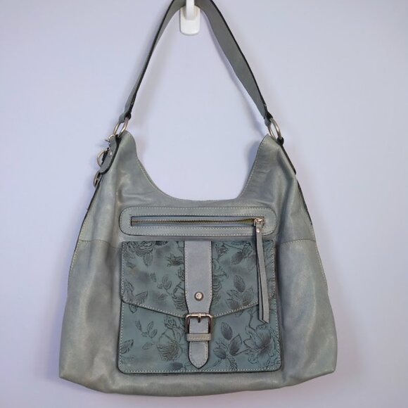 Firenze Bella Leather Hobo Shoulder Bag Blue Tassel Charm Floral Design *FLAW* - Picture 1 of 16